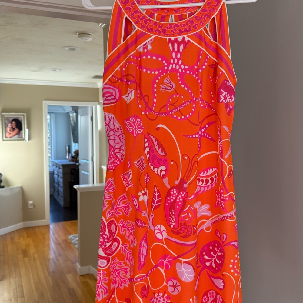 Gretchen Scott Designs Orange and Pink Halter Mini Dress